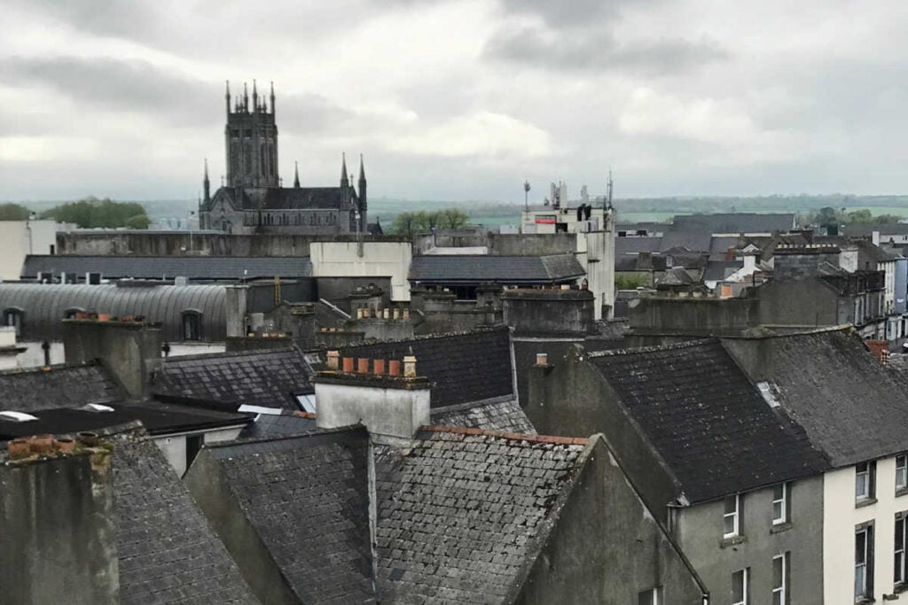 View of city rooftops Kilkenny with kids