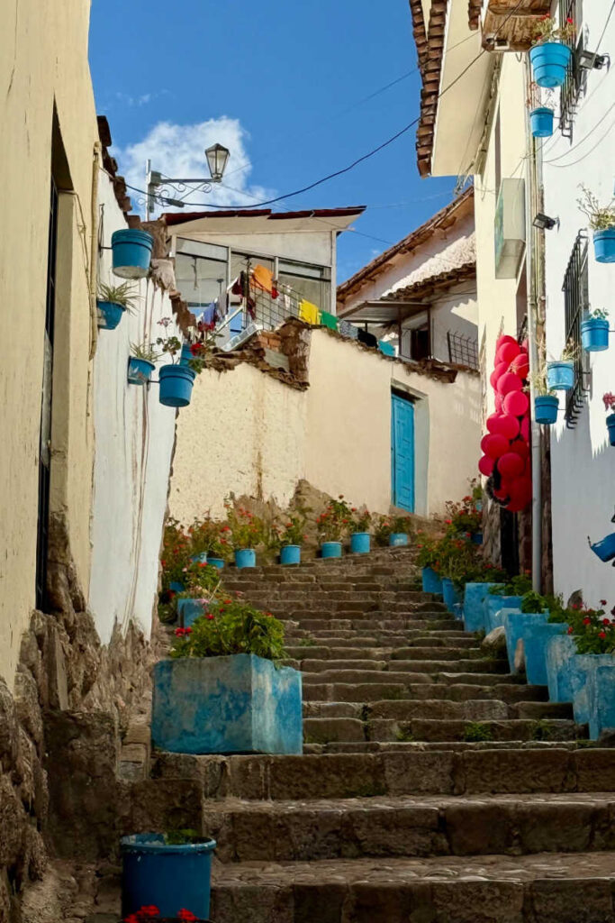 Cusco stairway with blue planter boxes
