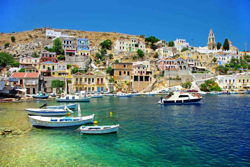 View of Rhodes in Greece with boats on the water.