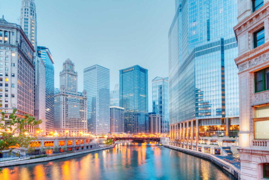 View of Chicago city with the water between the city fronts on a girl's weekend.